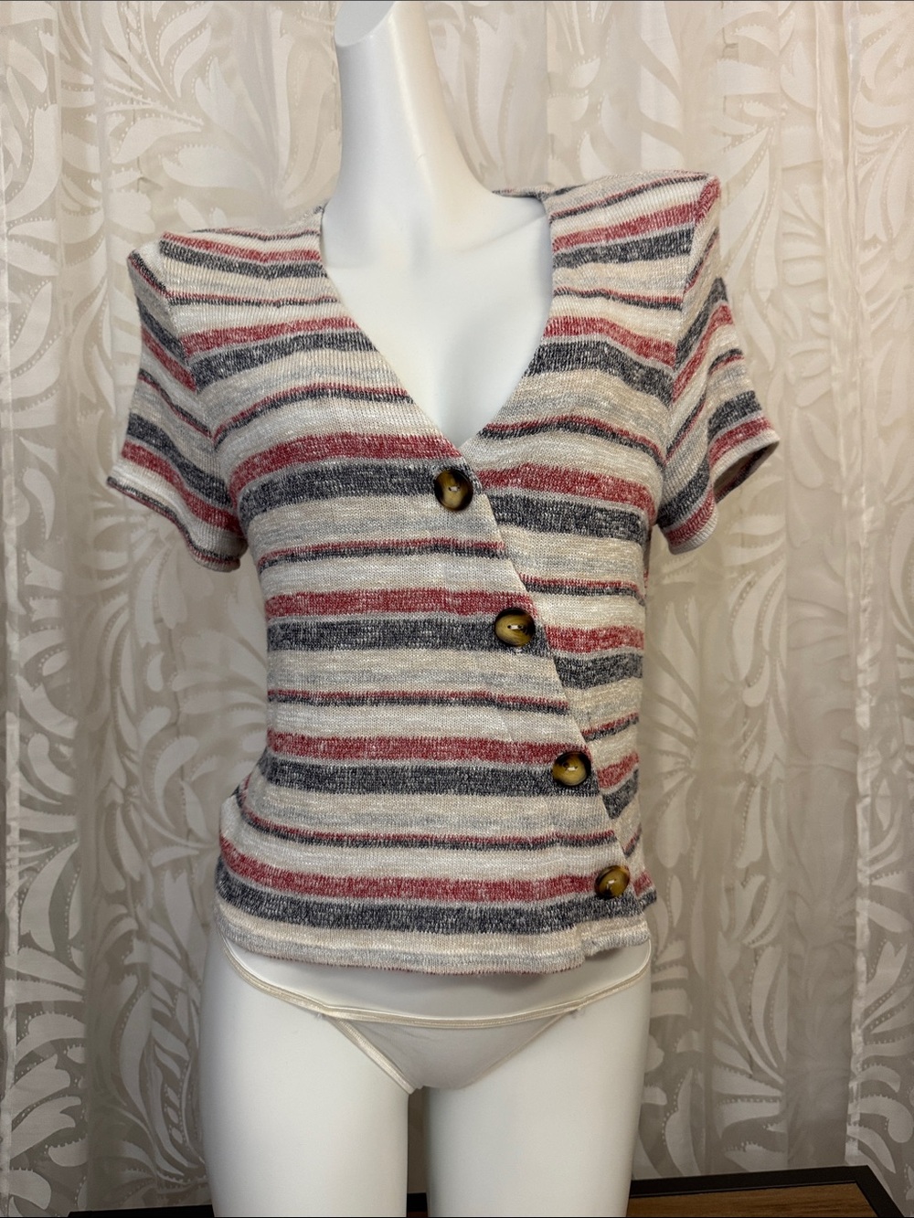 Striped Short-Sleeve Button Front Knit Top - Red White & Blue